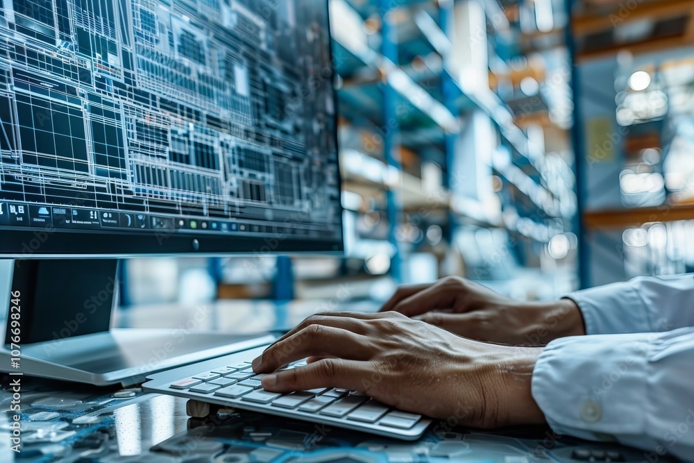 Poster bim: engineer's hands interacting with computers, demonstrating building information modeling techno
