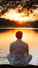 Fototapeta premium An old yogi was meditating on the bank of the Ganges River. It was quiet amidst the morning sunshine. Behind him is the view of Varanasi. It is a symbol of peace, tranquility and faith in Hinduism.