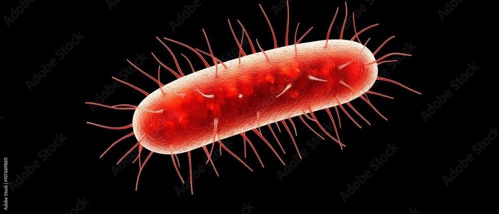 Poster red bacterium isolated on a black background, showcasing its unique structure and features.