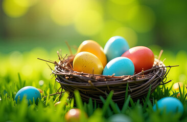 Multicolored colorful Easter eggs in bird nest symbolizing the holiday of Holy Easter, on green grass with small Spring flowers, with blurred grassy background.