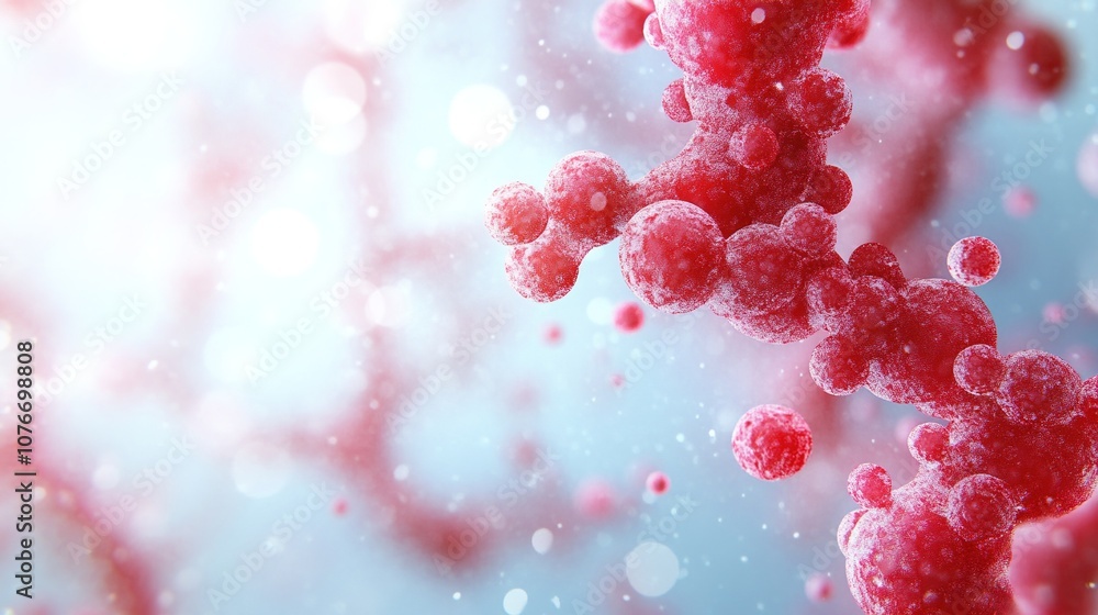 Poster glowing red cells and bubbles in a microbial environment with soft blue background illustrating abst