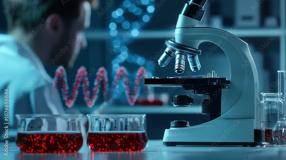 Poster researcher using a microscope in a modern laboratory with red liquids and dna strands in the backgro