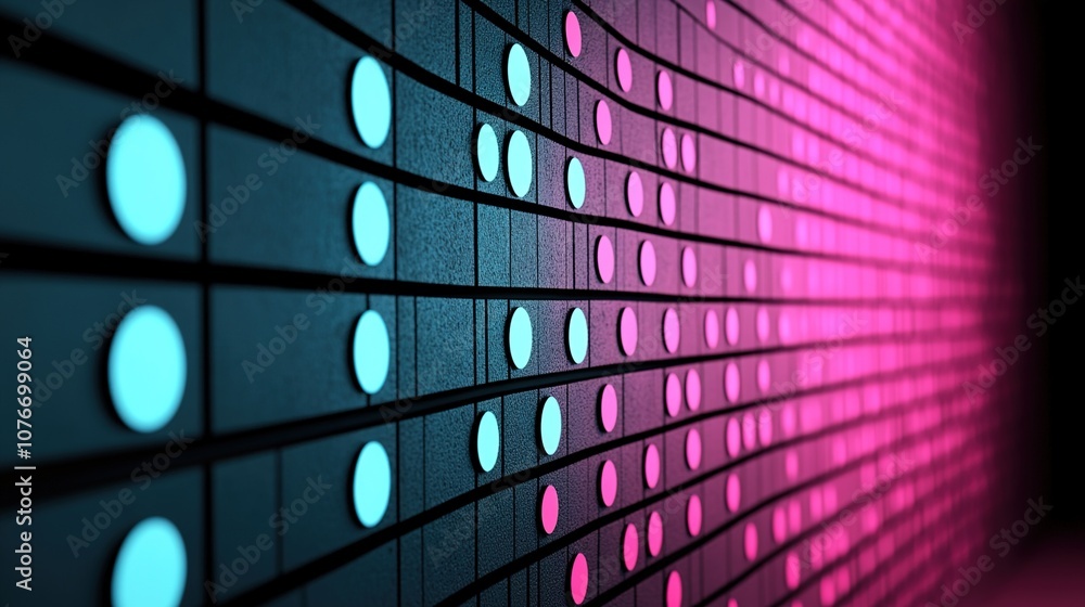Poster colorful digital sound wave patterns with vibrant blue and pink dots representing audio frequencies 