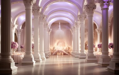 Naklejka premium A large, white room with a chandelier hanging from the ceiling
