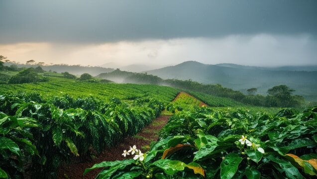 a serene landscape of lush green coffee fields stretching towards the horizon, glistened with raindrops, under a misty grey sky with clouds that melt into the distant hills, the air thick with mist, a