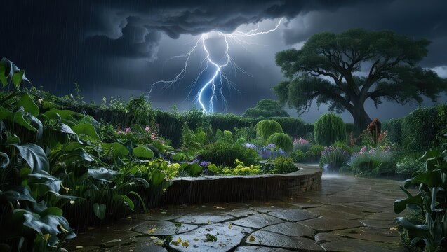 A dramatic and intense thunderstorm sweeps across a lush, vibrant garden, with dark grey clouds menacingly overshadowing the delicate petals and leaves. Electric blue lightning illuminates the sky, ca