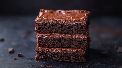 A rich chocolate layered dessert sits elegantly on a clean surface, topped with chocolate chips, showcasing its indulgent texture and flavor.