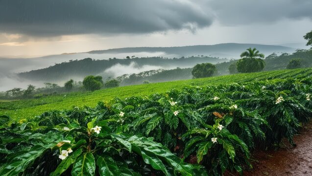 a serene landscape of lush green coffee fields stretching towards the horizon, glistened with raindrops, under a misty grey sky with clouds that melt into the distant hills, the air thick with mist, a