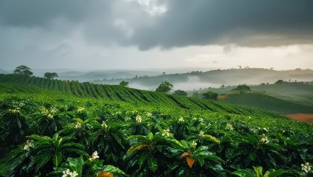 a serene landscape of lush green coffee fields stretching towards the horizon, glistened with raindrops, under a misty grey sky with clouds that melt into the distant hills, the air thick with mist, a