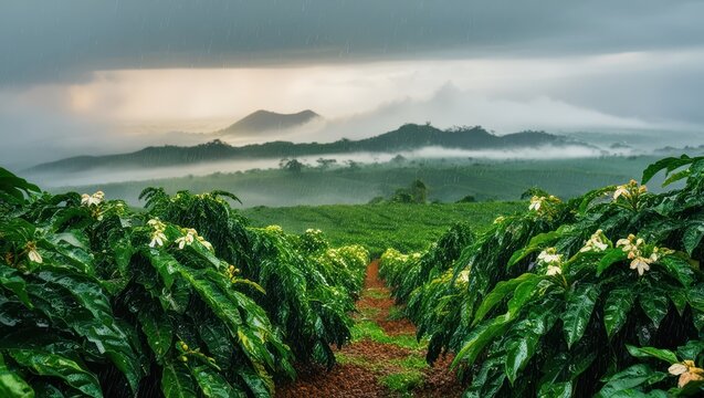 a serene landscape of lush green coffee fields stretching towards the horizon, glistened with raindrops, under a misty grey sky with clouds that melt into the distant hills, the air thick with mist, a
