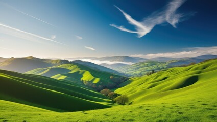 Fototapeta premium A serene landscape of undulating valleys bathed in vibrant, emerald greenery, with rolling hills and misty mountains softly fading into the distance, under a bright blue sky with a few wispy, white cl