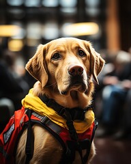 Labrador Retriever service dog wearing a red and yellow vest is sitting in a public place.