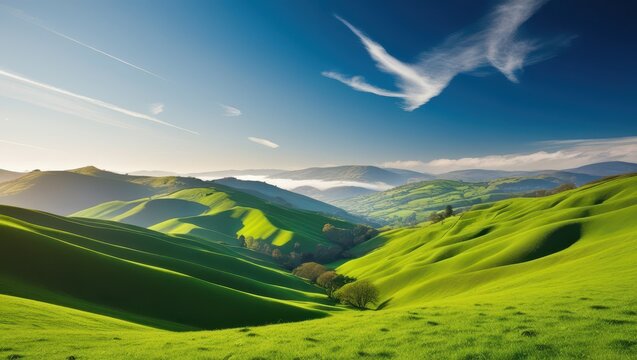 A serene landscape of undulating valleys bathed in vibrant, emerald greenery, with rolling hills and misty mountains softly fading into the distance, under a bright blue sky with a few wispy, white cl