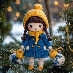 amigurumi doll in blue coat and yellow hat