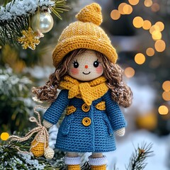 amigurumi doll in blue coat and yellow hat