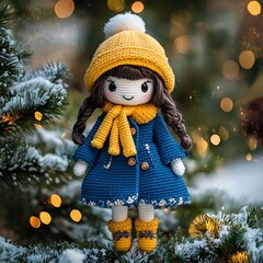 amigurumi doll in blue coat and yellow hat