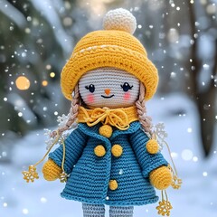amigurumi doll in blue coat and yellow hat