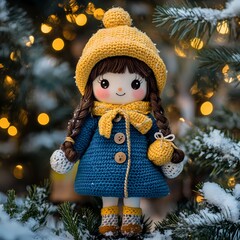amigurumi doll in blue coat and yellow hat