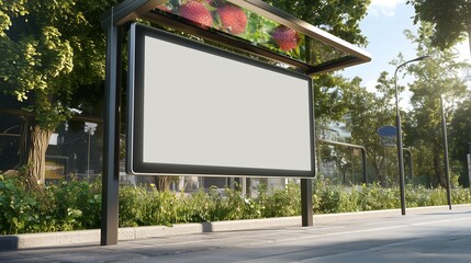 Fototapeta premium A white advertisement billboard at a bus stop. The billboard is clean and blank, set against the bus stop structure with a modern, urban feel, perfect for displaying an ad or message.