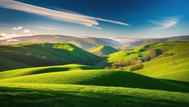 A serene landscape of undulating valleys bathed in vibrant, emerald greenery, with rolling hills and misty mountains softly fading into the distance, under a bright blue sky with a few wispy, white cl