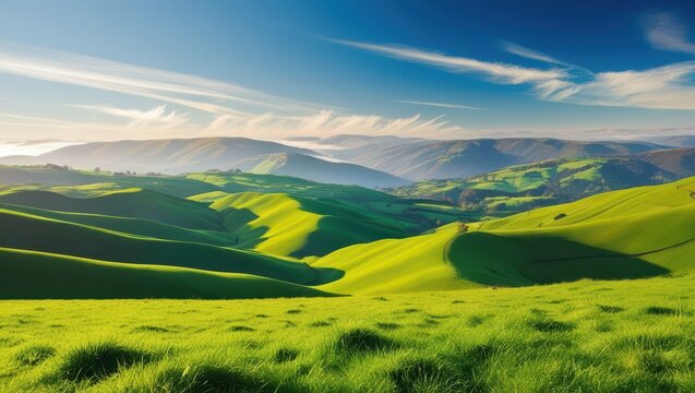 A serene landscape of undulating valleys bathed in vibrant, emerald greenery, with rolling hills and misty mountains softly fading into the distance, under a bright blue sky with a few wispy, white cl
