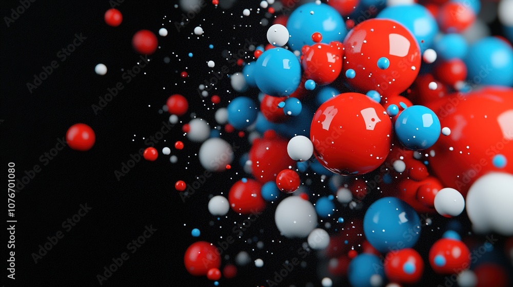 Poster abstract composition of red, blue, and white spheres illustrating a dynamic molecular structure on a