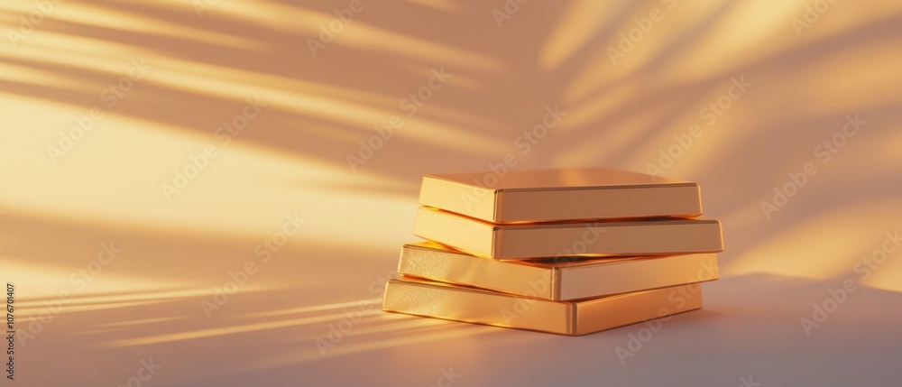Poster a stack of books is on a table with a shadow of the books on the wall