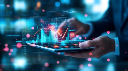 Fototapeta premium Hands holding tablet displaying digital finance data and analytics, modern business analysis concept.