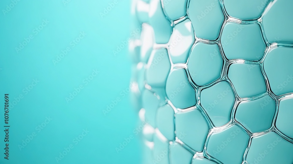 Poster close-up view of bubbles forming a hexagonal pattern on a reflective light blue surface, creating a 