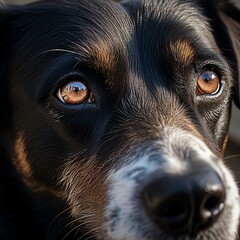 Close-up of a dog's face showcasing expressive eyes and distinctive fur, soft background.