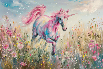 Obraz premium Fantastically beautiful mythological pink unicorn with long horn