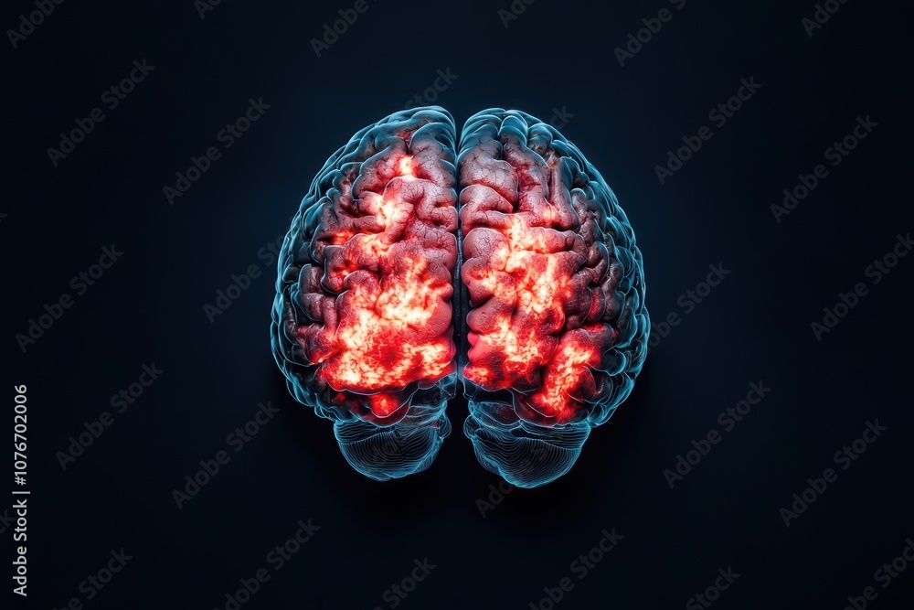 Poster visualization of an illuminated human brain highlighting neural connections.