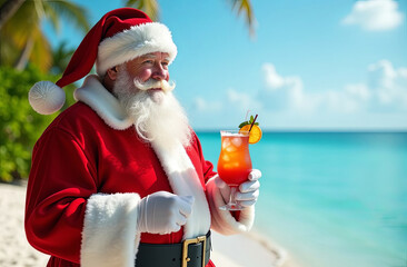 Christmas Santa Claus with a colorful cocktail sea and white beach. The concept of tourist trips for the New Year at sea. On the right is a place for text.