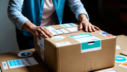 Person packing a box with shipping labels, highlighting e-commerce returns.