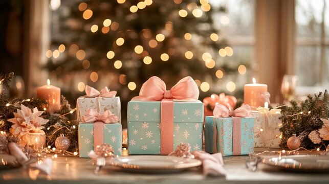 Chic Boxing Day gift table, vibrant holiday boxes with glittering bows, strings of twinkling lights wrapping the scene in a magical holiday glow