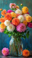 Obraz premium A vibrant display of colorful dahlias in a blue vase against a soft background