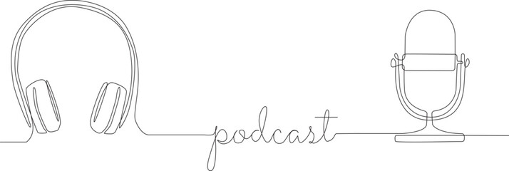 Continuous one line drawing of headphone and microphone.concept for podcast