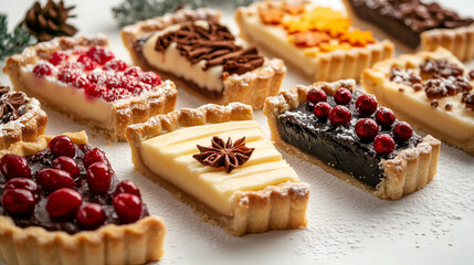 Assorted Festive Tarts with Seasonal Decorations and Flavors - A variety of festive tarts with vibrant seasonal decorations, including chocolate, custard, and fruit toppings.