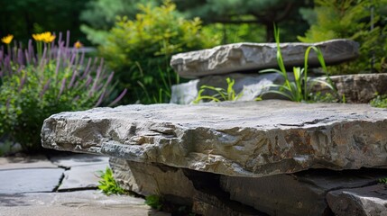 Obraz premium flat stone podium on a rock platform serves as a stylish showcase against a backdrop of verdant forest scenery