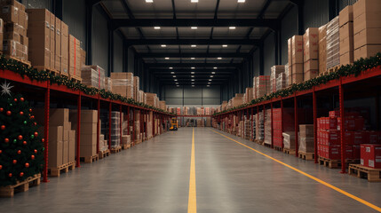 Fototapeta premium Busy warehouse during the peak holiday season, filled with stacked boxes and festive decorations creating a vibrant and productive atmosphere