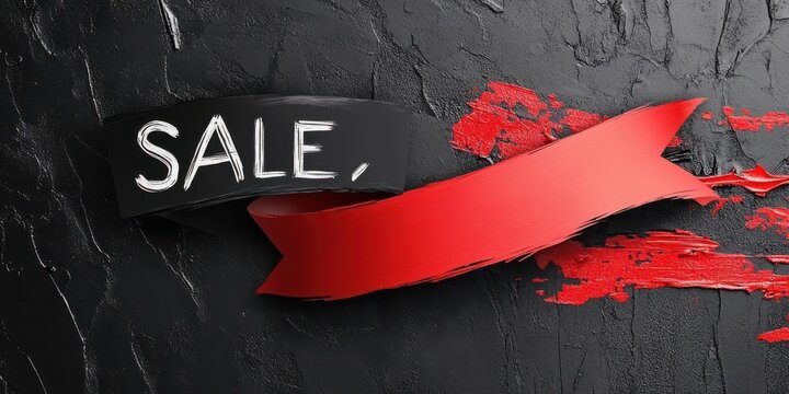 A bold ribbon in bright red displays the word SALE against a textured black background, creating an eye-catching promotional message that attracts attention.