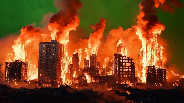 Massive city fire with burning buildings, intense flames, smoke, destruction, disaster scene, green screen.