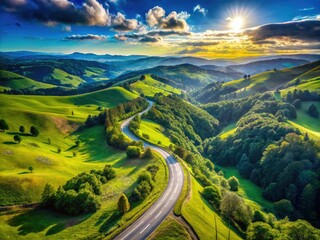 Fototapeta premium Scenic Long Hilly Road with Lush Greenery and Clear Blue Sky for Travel Inspiration