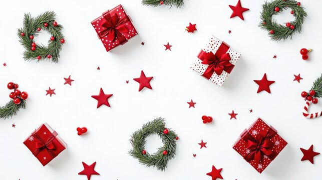 Assorted holiday-themed stickers including wreaths, stars, and gifts, neatly placed on a white background. - Powered by Adobe