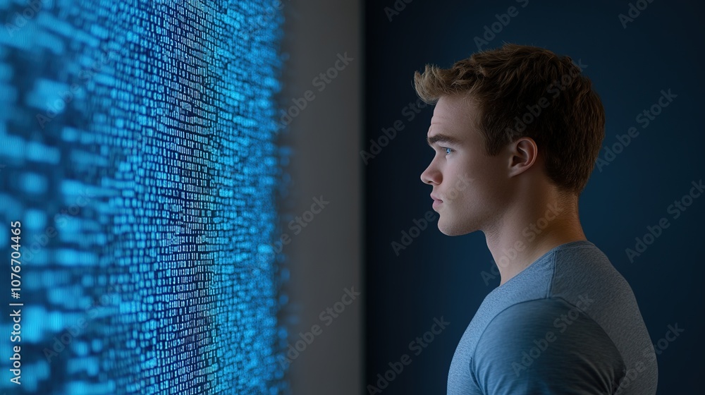 Poster young man analyzing data on digital display representing technology, information processing, and hum