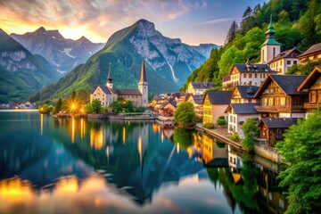 Fototapeta premium Scenic Mountain Town by the Water with Bokeh Effect for Stunning Visuals