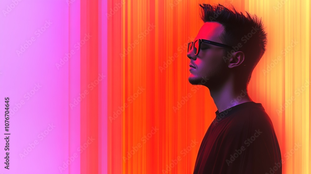 Poster silhouette of a young man in profile against a colorful gradient background with neon lights creatin