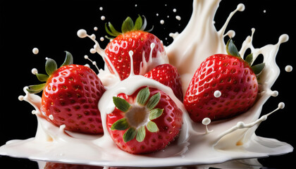 Strawberry Falling into Milk Splash on Black Background