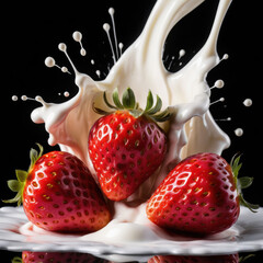 Strawberry Falling into Milk Splash on Black Background