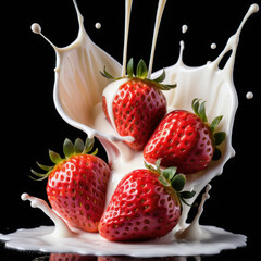 Strawberry Falling into Milk Splash on Black Background